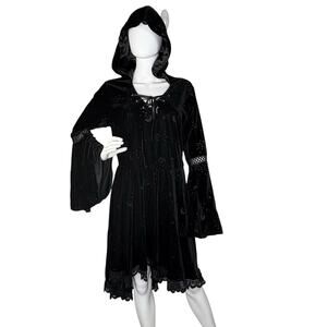 Whimsigoth Dress Velvet Hooded Bell Sleeve Coven Witchy Celestial Black Size XL